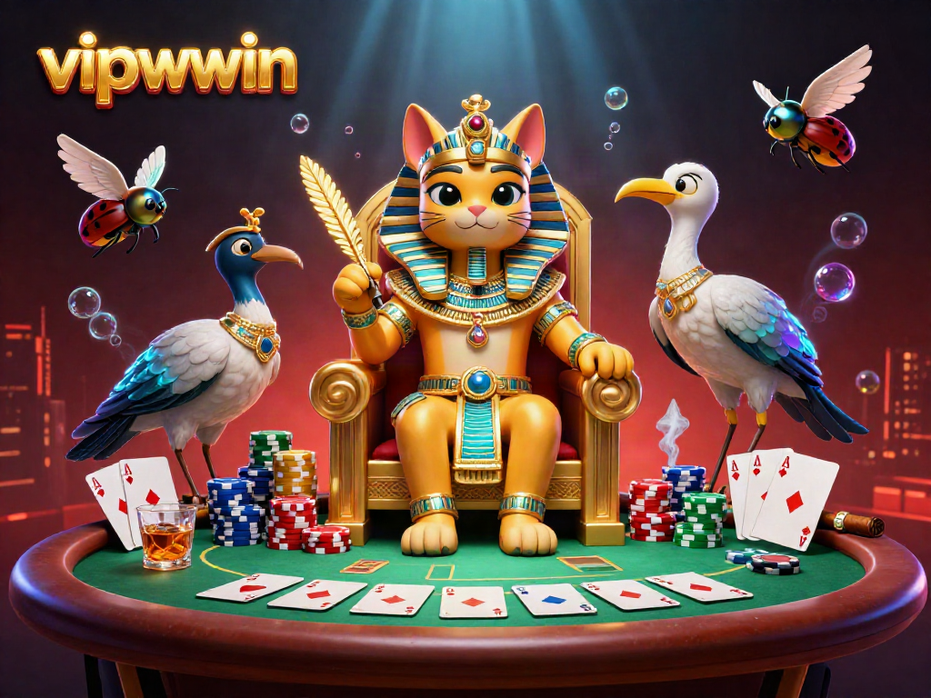 Experience thrilling poker action at vipwwin with a detailed illustration of a pharaoh cat and gameplay elements.