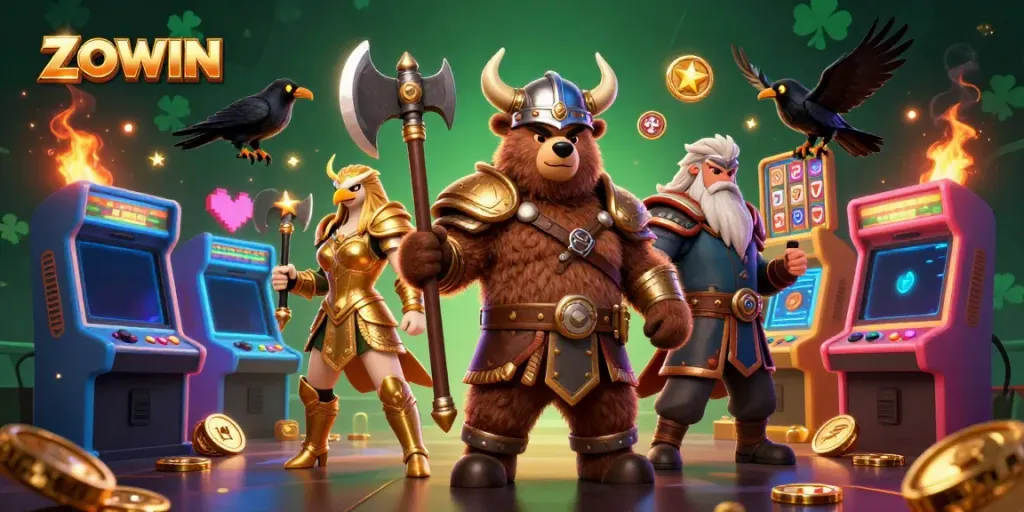 ZOWIN offers thrilling gaming experiences as a Viking bear and Valkyrie eagle escort players through vibrant casino adventures.