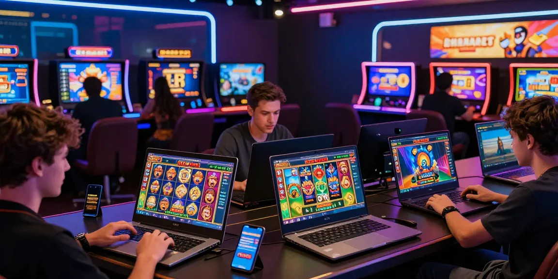 Exciting online gaming experience at lavowin daftar, featuring players enjoying slot games on devices with vibrant visuals.
