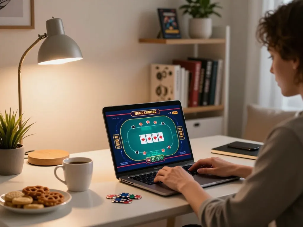 The person enjoying poker on the best online casinos in Canada in a cozy home office setting.