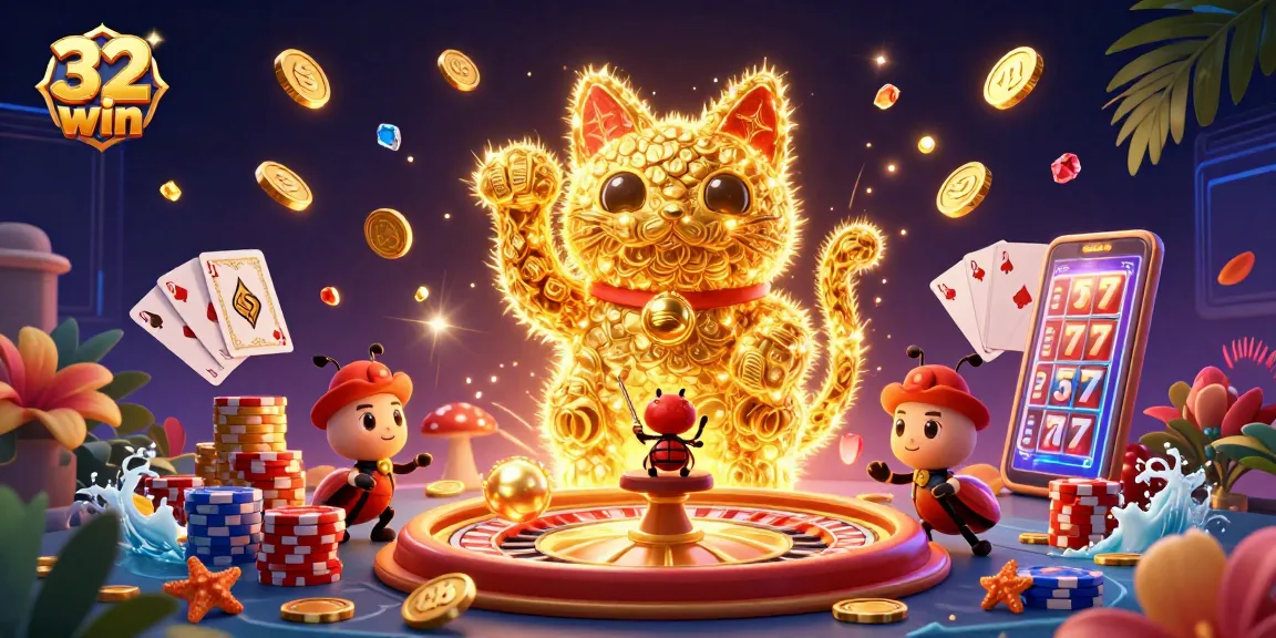 Experience the excitement of 32win with a dynamic casino world featuring a lucky cat and golden fireflies.