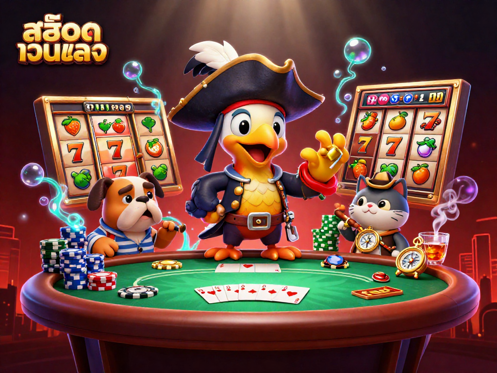 Experience สล็อตเว็บตรง with thrilling slot reels, colorful poker chips, and captivating characters.