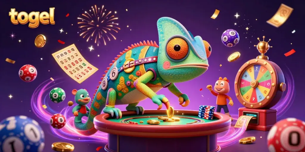 Engage with thrilling togel games under the gaze of a colorful chameleon casino owner.