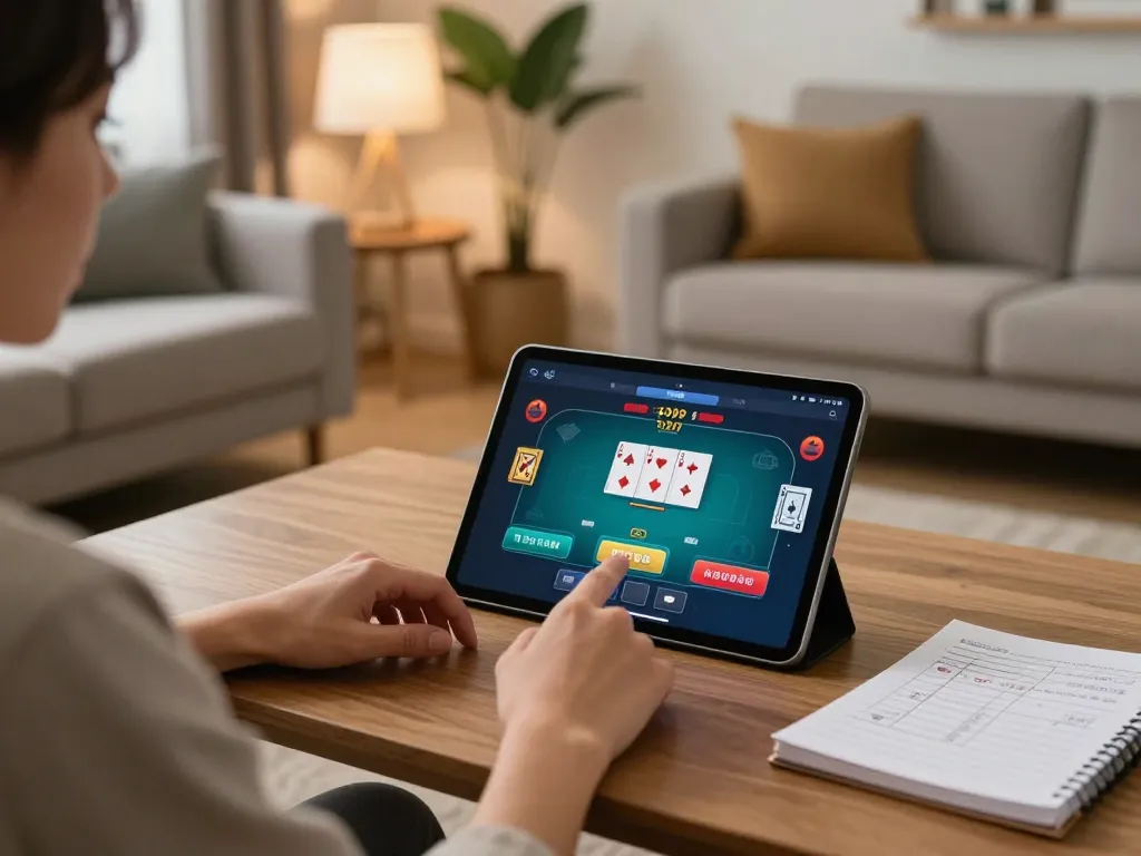 Tham gia trò chơi poker trực tuyến thông qua máy tính bảng 12bet tại nhà, thể hiện không khí đánh bạc thoải mái