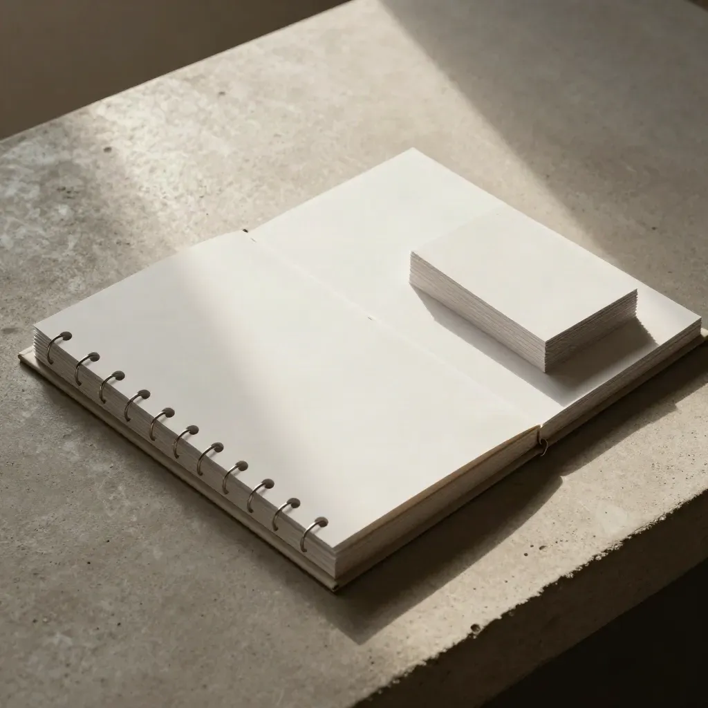 Overhead SEO audit binder with tabbed sections and clipped paper stacks on pale concrete.