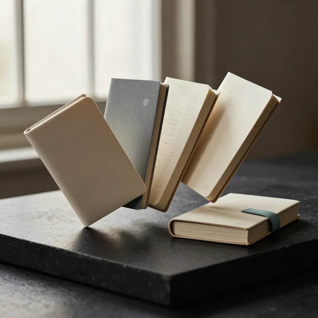 Unbranded SEO bundle packs, card deck, and linen slipcase on a dark studio plinth.