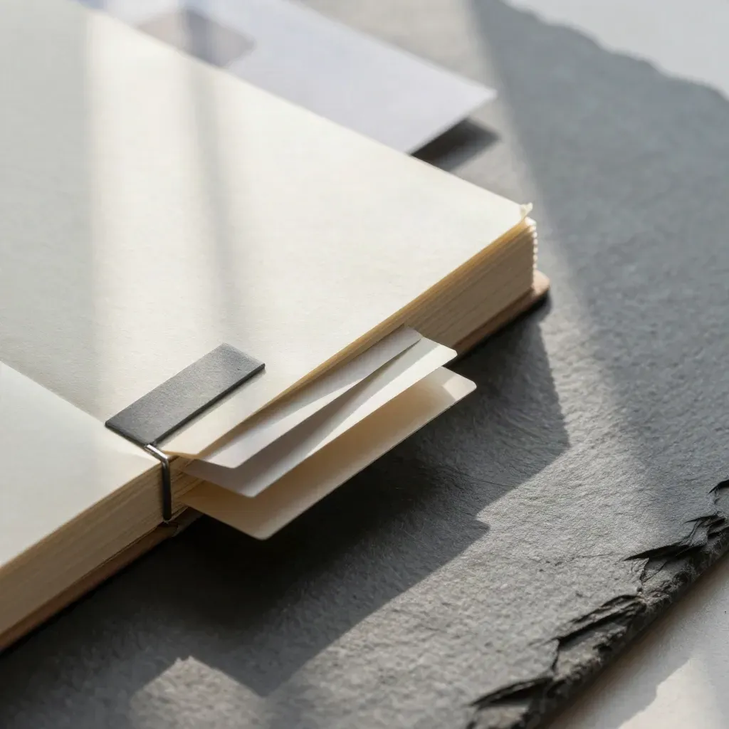 Macro flat lay of a paper-wrapped SEO workbook with tabs and graphite dividers on slate.