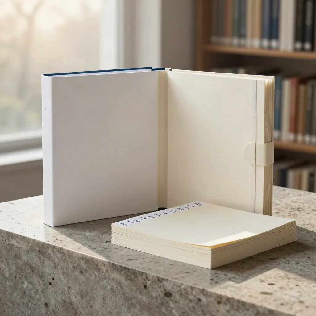 SEO starter bundle with binder, workbooks, keyword cards and sheets on travertine at dawn.