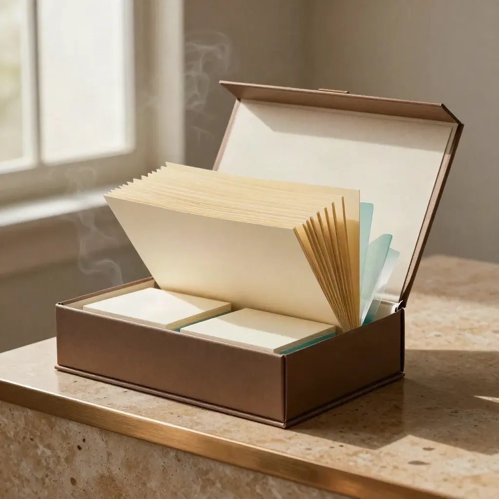 Open content brief pack with layered sheets and teal tabs on a warm stone plinth.
