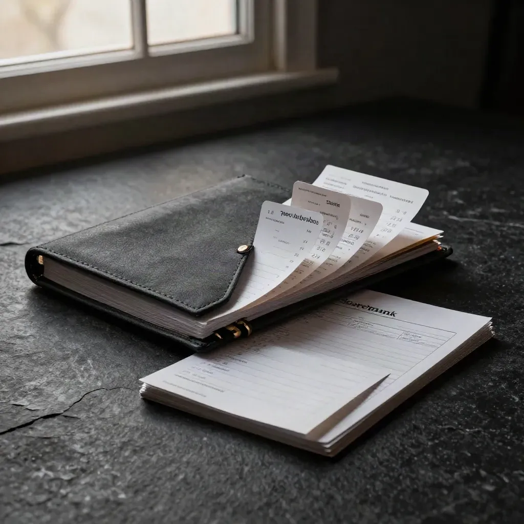 Closed rank-tracking kit with monthly tabs and report cards on a dark studio surface.