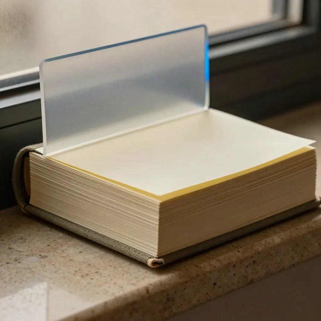 Macro stack of memo cards, note pad, and translucent divider on travertine with soft haze.
