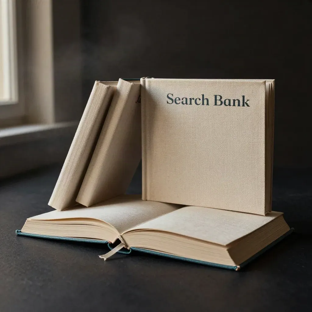 Open cloth-bound search guide with two slim volumes on a dark studio surface.
