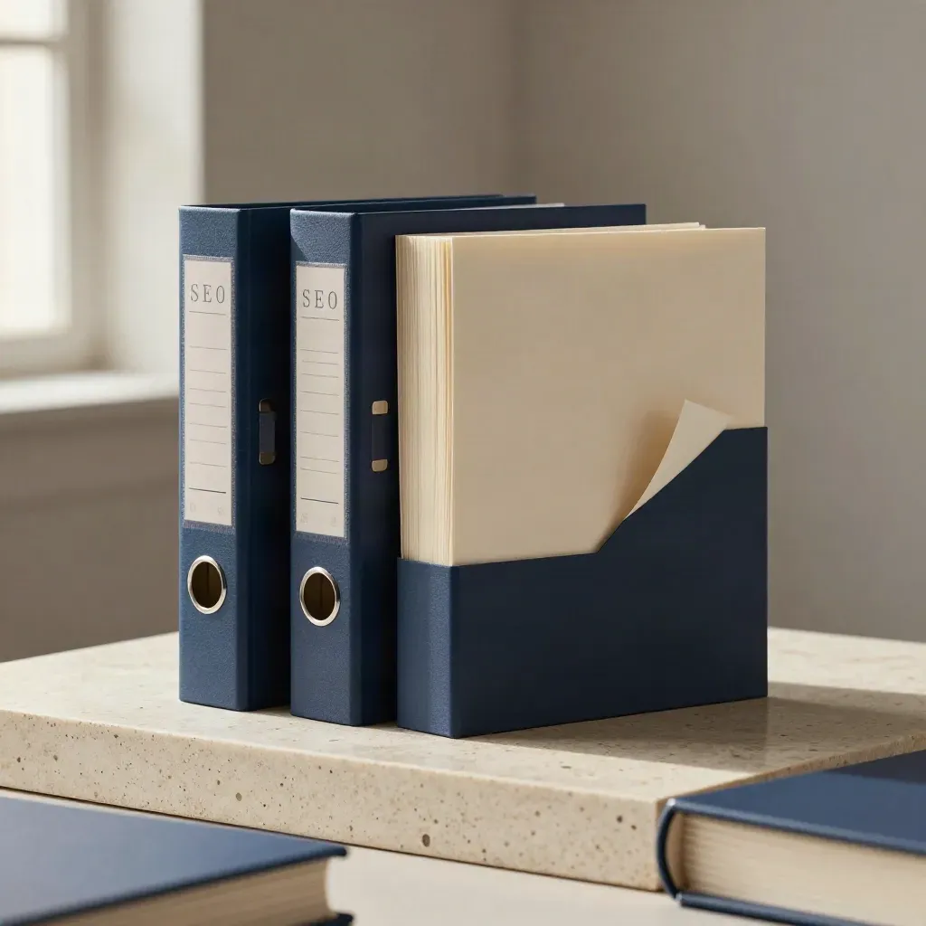 Three unbranded SEO audit binders stepped on travertine with a lifted page corner.