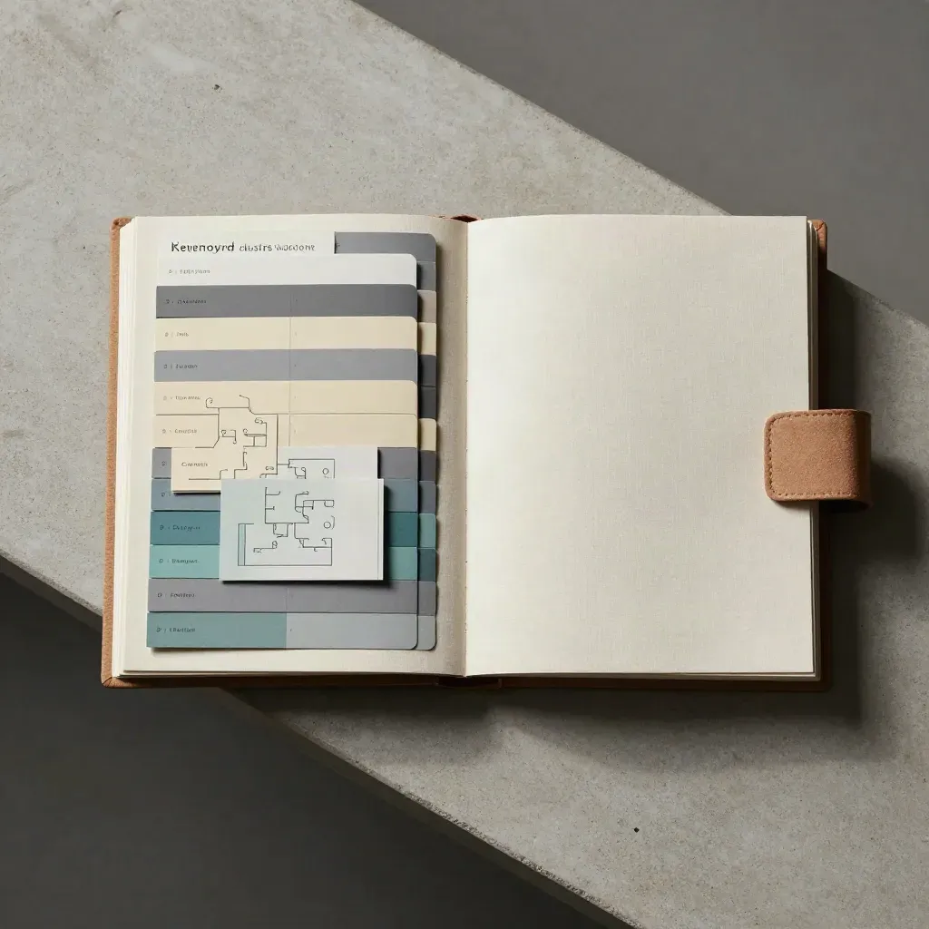 Top-down flatlay of a keyword clusters workbook with tab cards and a teal insert on concrete.