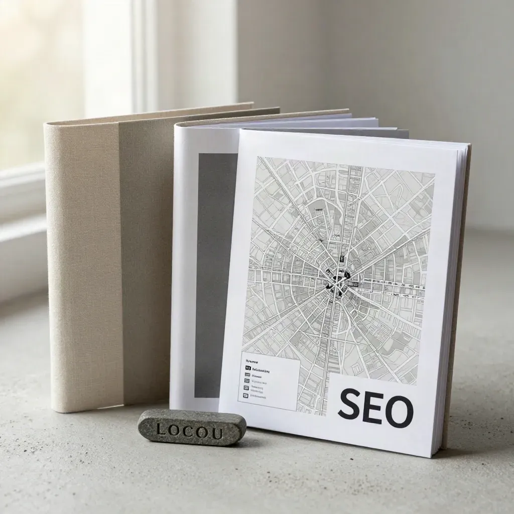 Three city-guide folios with route cards and a stone marker on pale concrete, misty and premium.