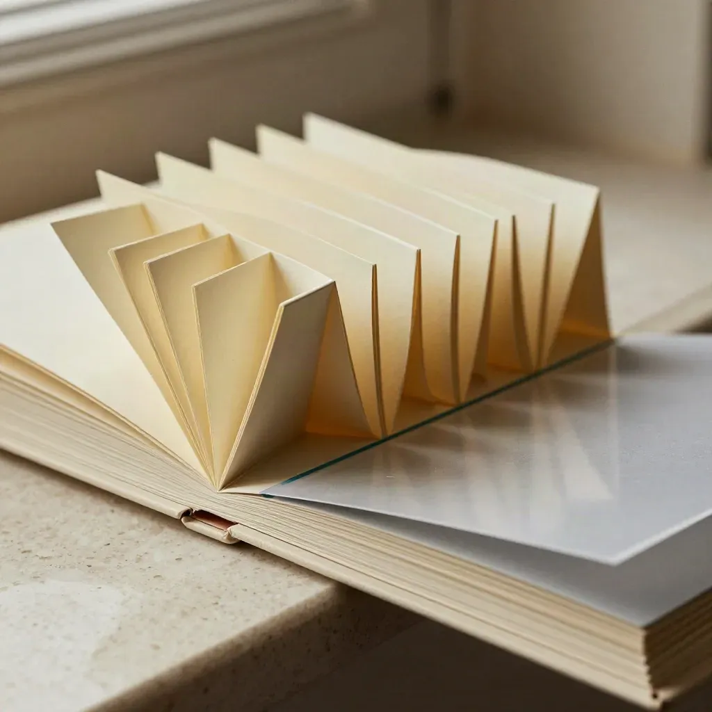 Accordion folder, clipped note cards, and translucent divider sheets with teal accents.