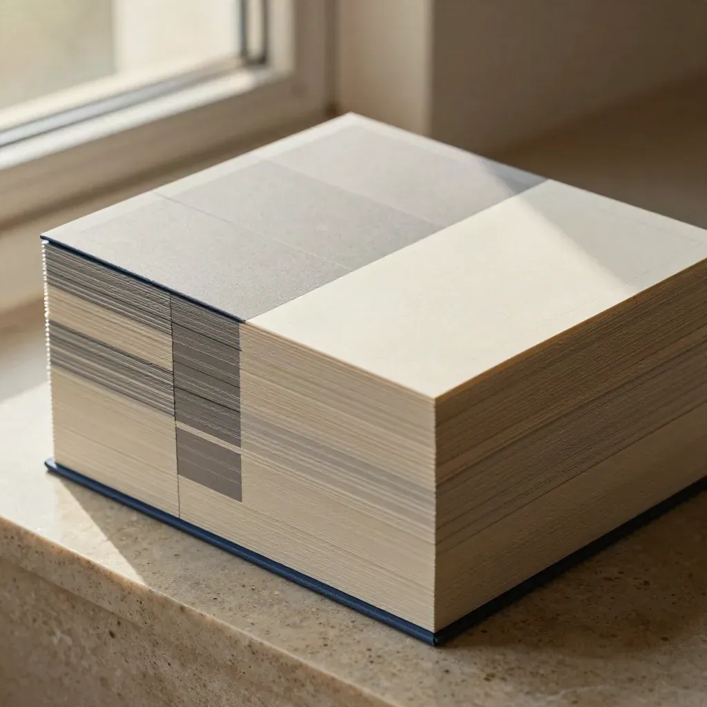 Open rigid brief kit with blank cards and separators on limestone, lit softly from upper left.