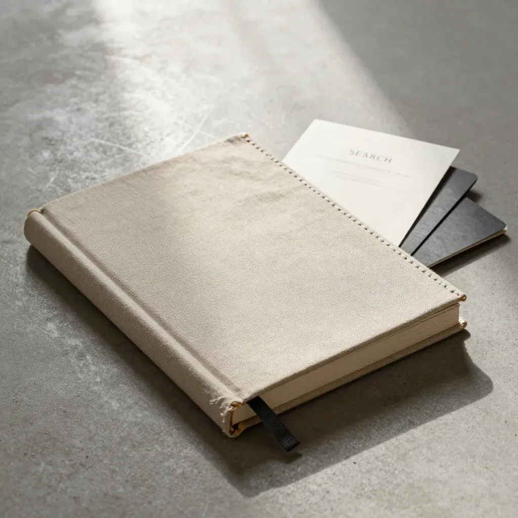 Open clothbound SEO book with ribbon and insert cards on cool concrete, overhead.