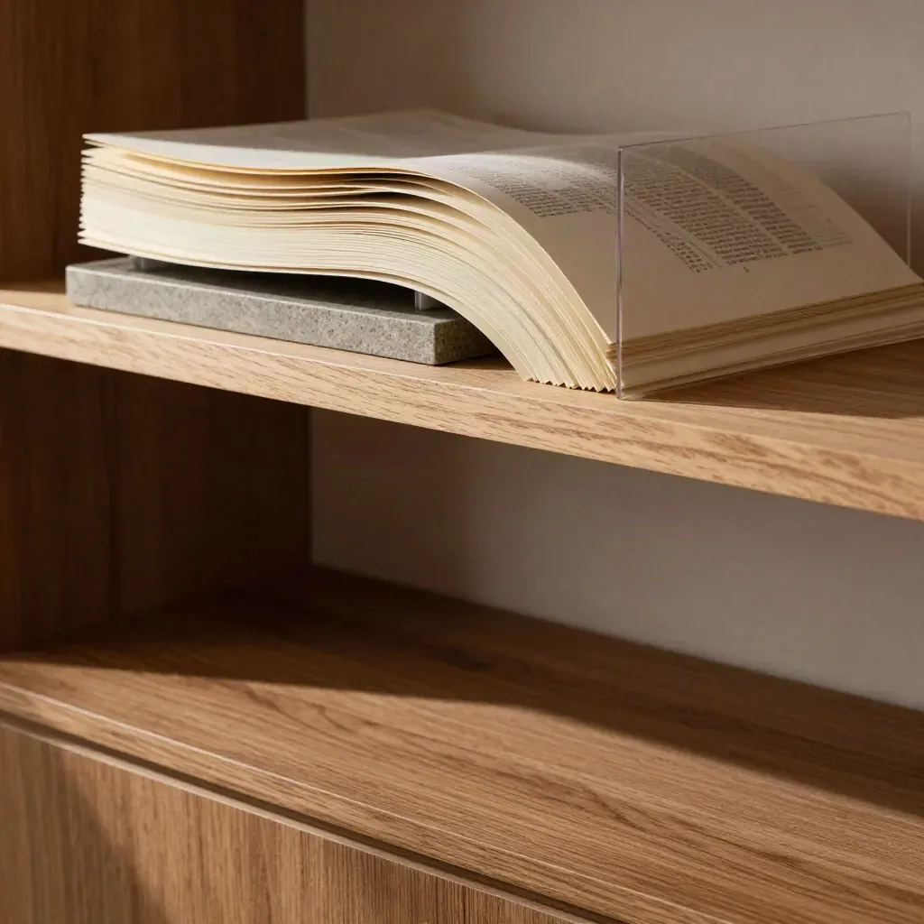 Cream paper arcs and oak shelving above a calm plaster counter for Search Bank