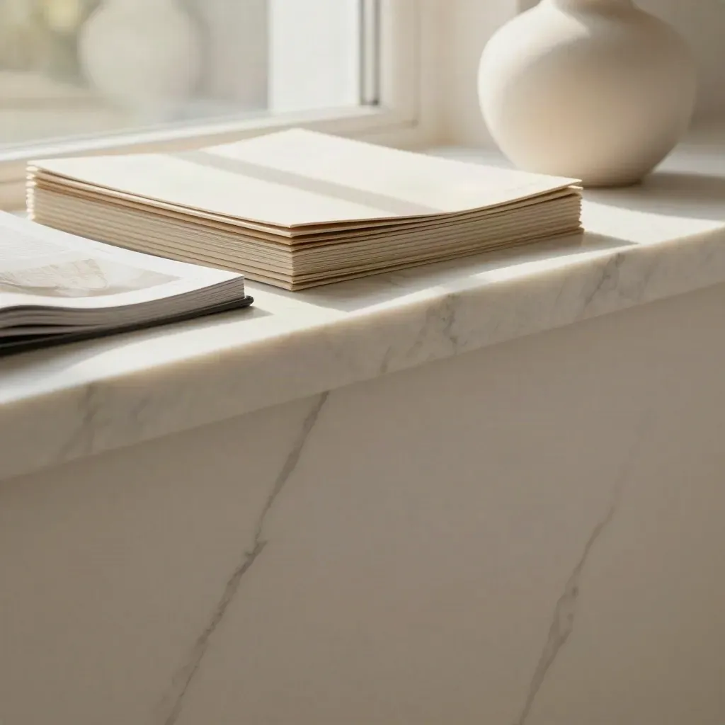 Sunlit marble ledge with cream boards, pale wood offcuts and a ceramic form.