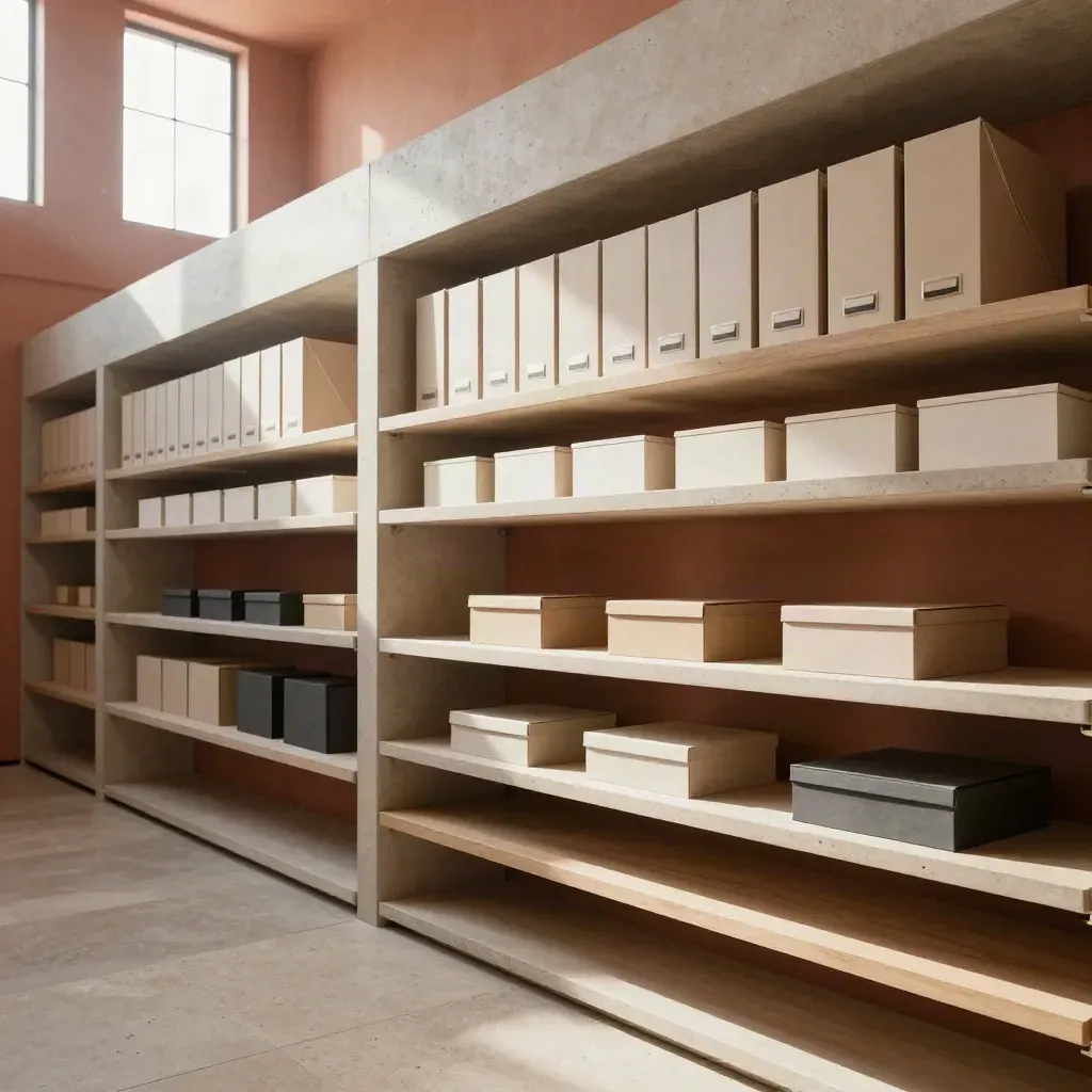 Sunlit archive corridor with blank folders and open shelves above a calm floor.