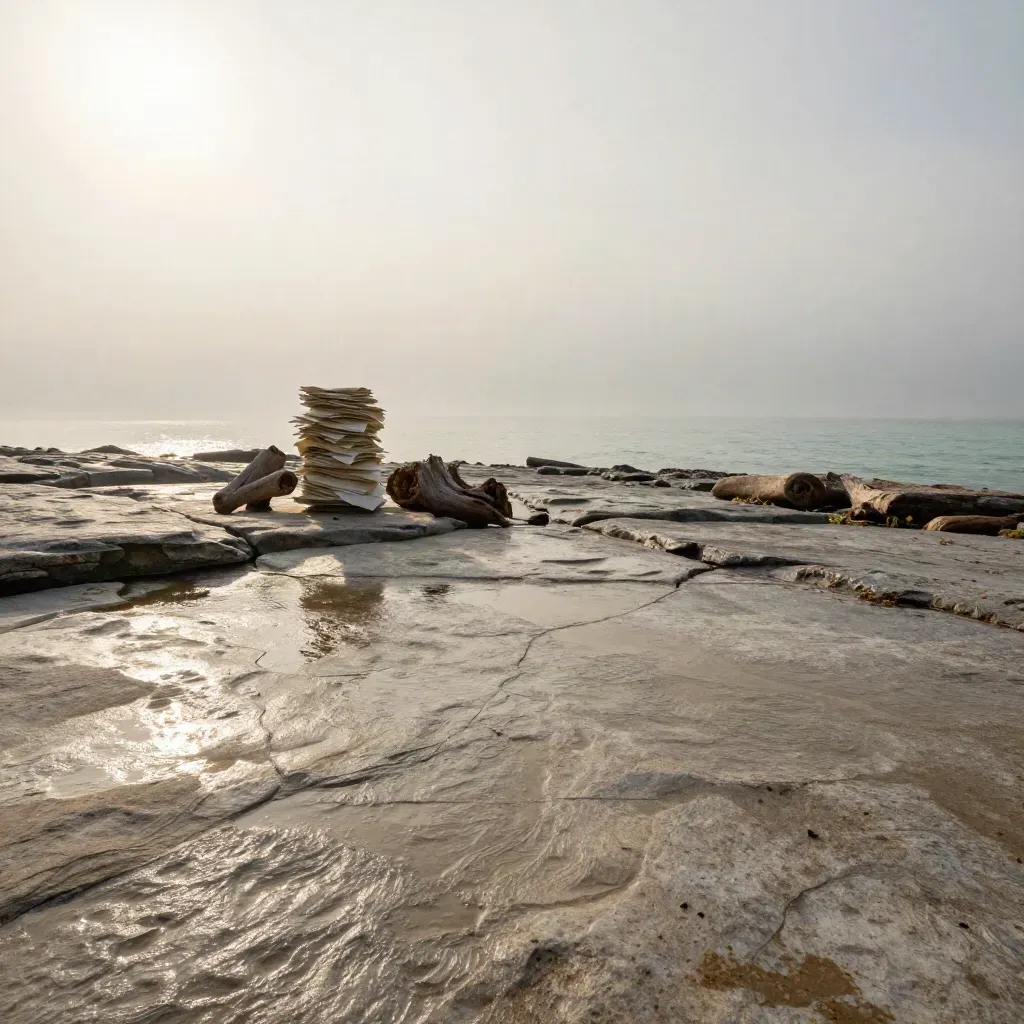 Misty coastal rocks with driftwood and pale stacked forms above calm sea haze.