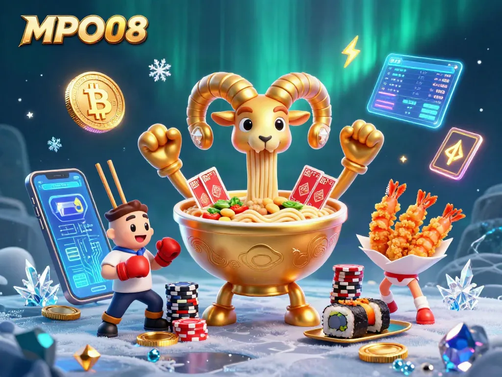 MPO08 engages players with a vibrant 3D scene of a golden ramen bowl dealer stacking chips and cards amid glowing crypto elements.