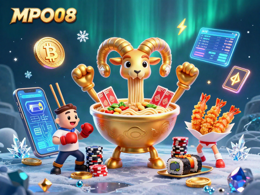 MPO08 engages players with a vibrant 3D scene of a golden ramen bowl dealer stacking chips and cards amid glowing crypto elements.