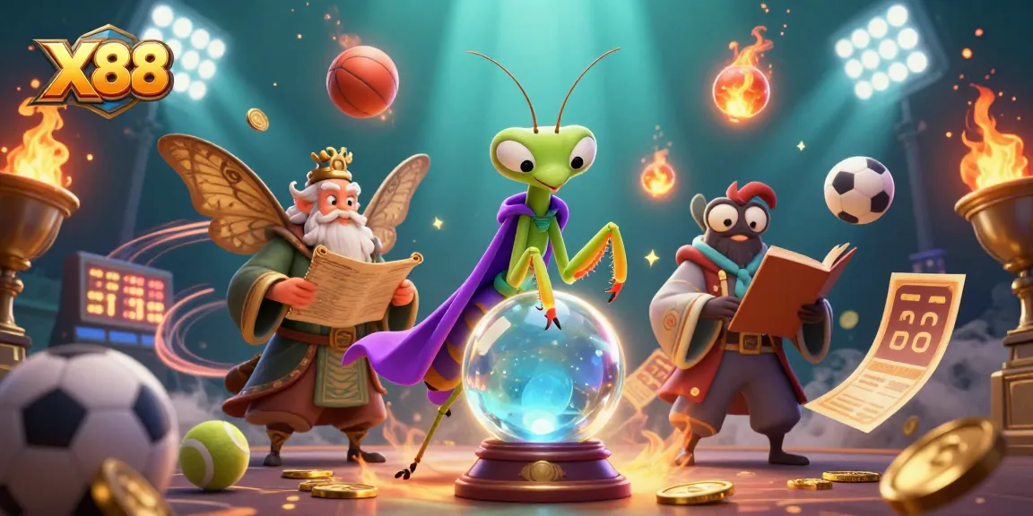 X88 players enjoy thrilling sports betting with fortune tellers and dynamic game elements in this vibrant 3D scene.