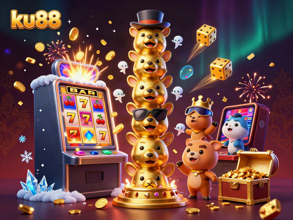 Experience the vibrant world of ku88 casino with dynamic slot machine action and lively totem character.