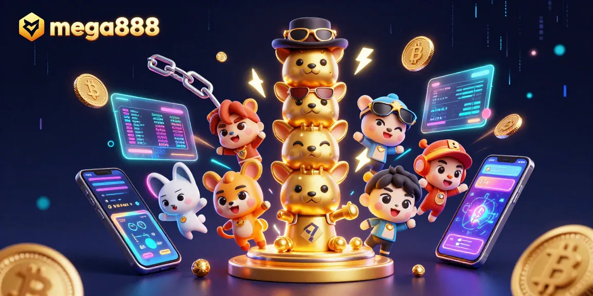 Engage with mega888 through vibrant casino experiences featuring joyful animated totem poles and dynamic crypto elements.