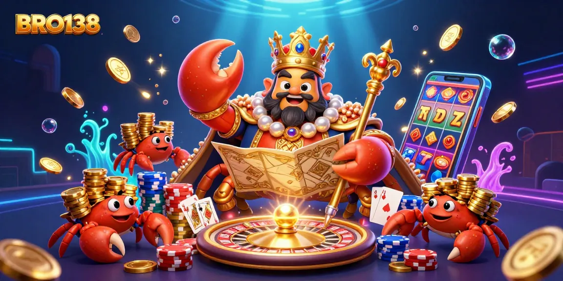Players enjoy thrilling experiences with BRO138's golden crab emperor surrounded by riches and games.
