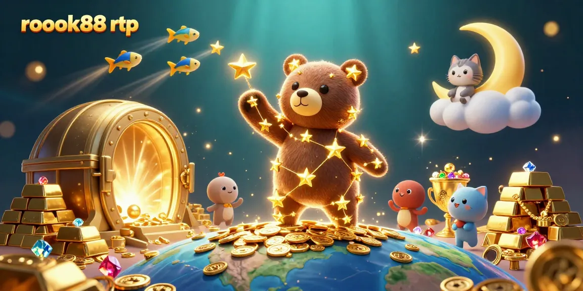 Engage in winning strategies with rokok88 rtp amid a vibrant, animated casino scene full of treasures.