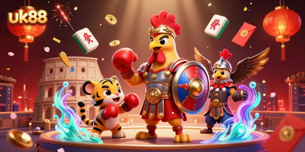 Play at UK88 with a vivid 3D scene depicting a gladiator rooster and tiger cub in a dynamic colosseum filled with casino elements