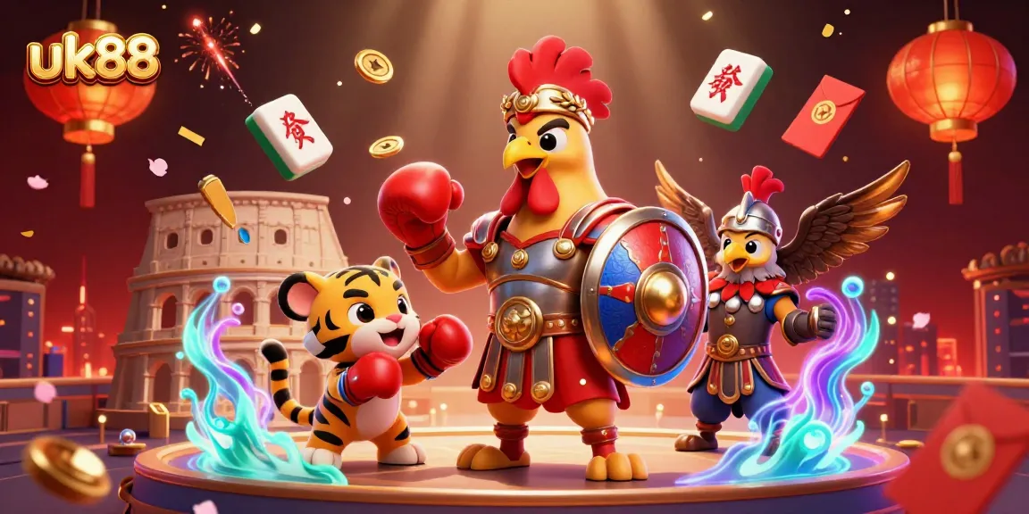Play at UK88 with a vivid 3D scene depicting a gladiator rooster and tiger cub in a dynamic colosseum filled with casino elements