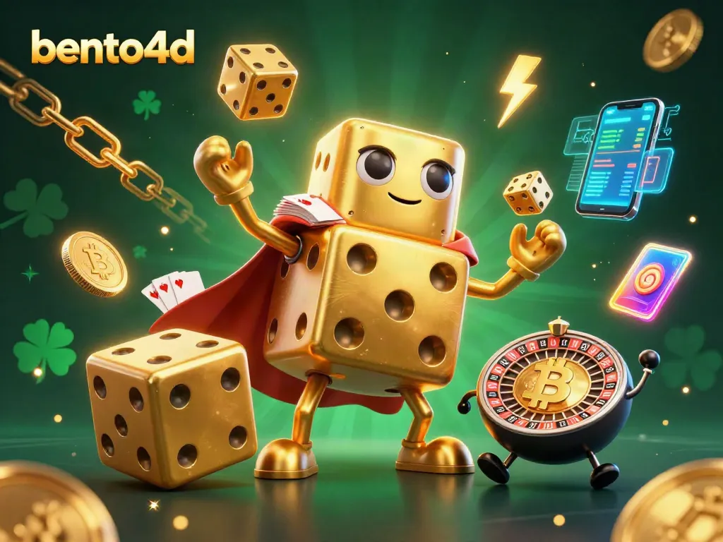 Engage with bento4d's vibrant casino scene featuring dynamic dice juggling amidst neon coins and animated game elements.