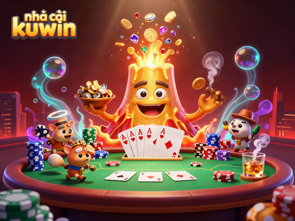 Engage with the excitement of nhà cái kuwin as the golden volcano erupts treasures in a vivid casino scene.