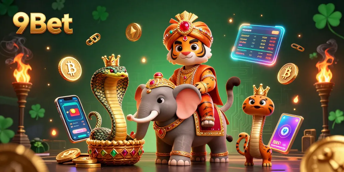 Engage with 9Bet's vibrant 3D illustration featuring a tiger, elephant, and crypto symbols.