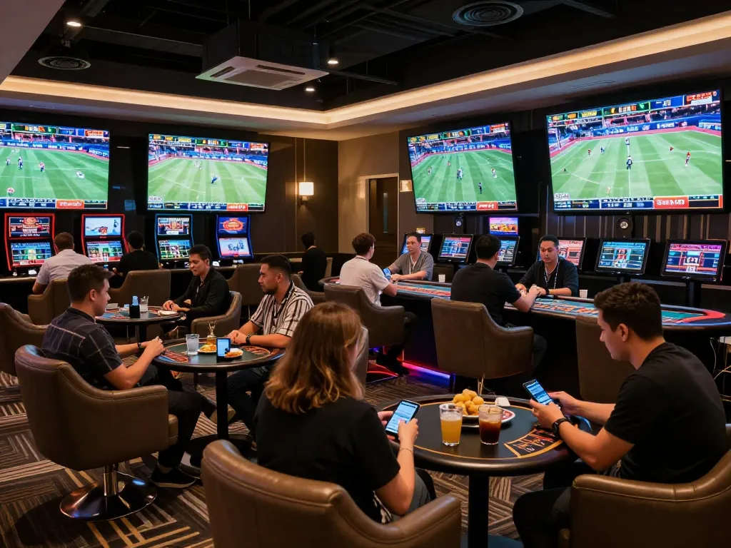 Exciting sports betting action at a luxury lounge featuring 78wingo's offerings.