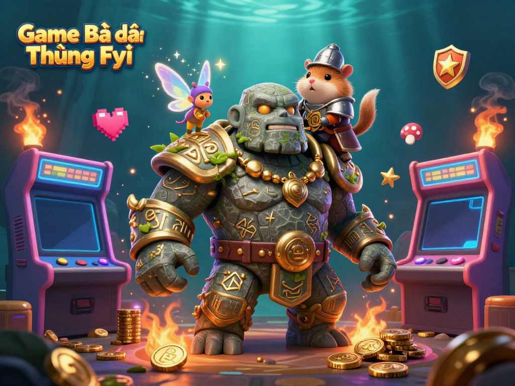Engage with the enchanting Game Bài Đổi Thưởng Fyi featuring a stone golem, magic fairy, and hamster knight in a vibrant casino game scene.