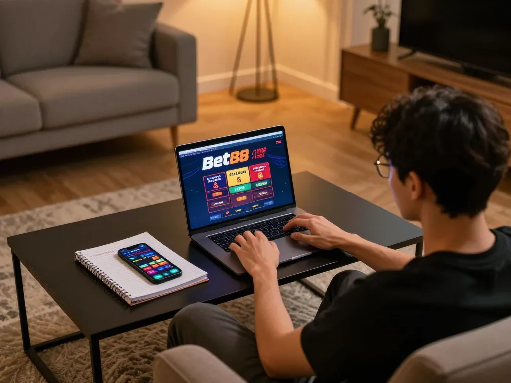 Engaging home gaming scene depicting Thương hiệu Bet88 on a laptop, showcasing responsible gambling.