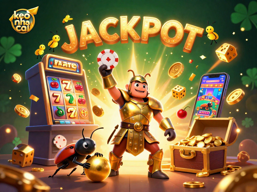 Spin the reels with keo nha cai as the victorious beetle celebrates a jackpot amidst vibrant casino elements.