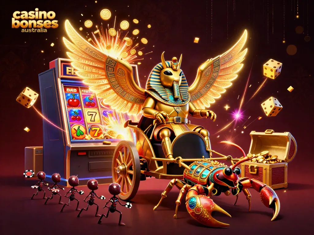 Exciting scene of casino bonuses australia with a golden scarab beetle and vibrant slot machine details.