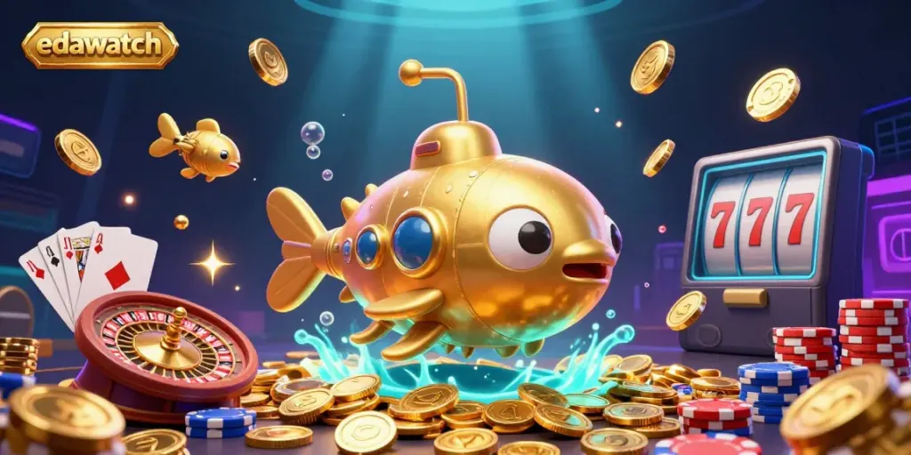 Experience the edawatch excitement with a majestic kraken submarine and vibrant casino elements.