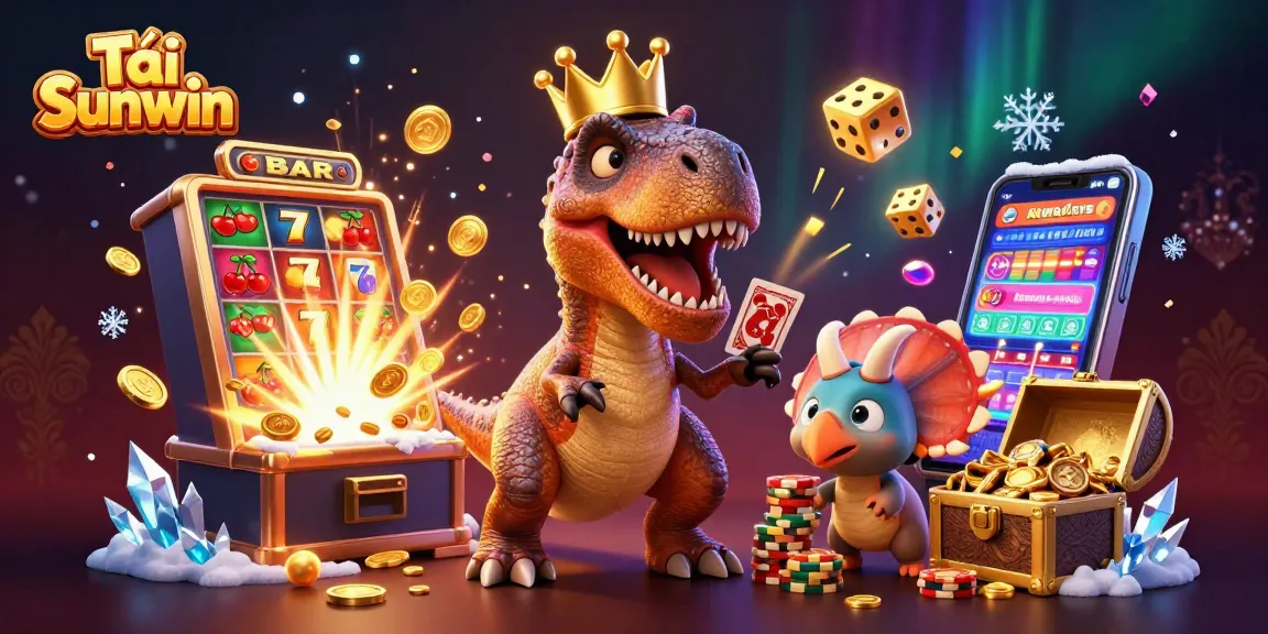 Tải Sunwin with a T-Rex shuffling cards, showcasing vibrant casino elements in a 3D illustration