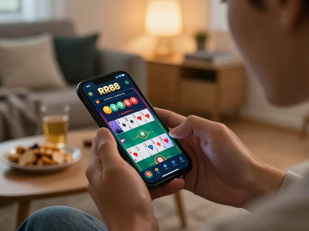 Engaging player using the RR88 app for online gambling in a cozy setting
