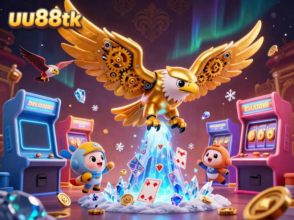 Experience the thrill of uu88tk with a 3D illustration showcasing a cybernetic eagle amidst colorful game elements.