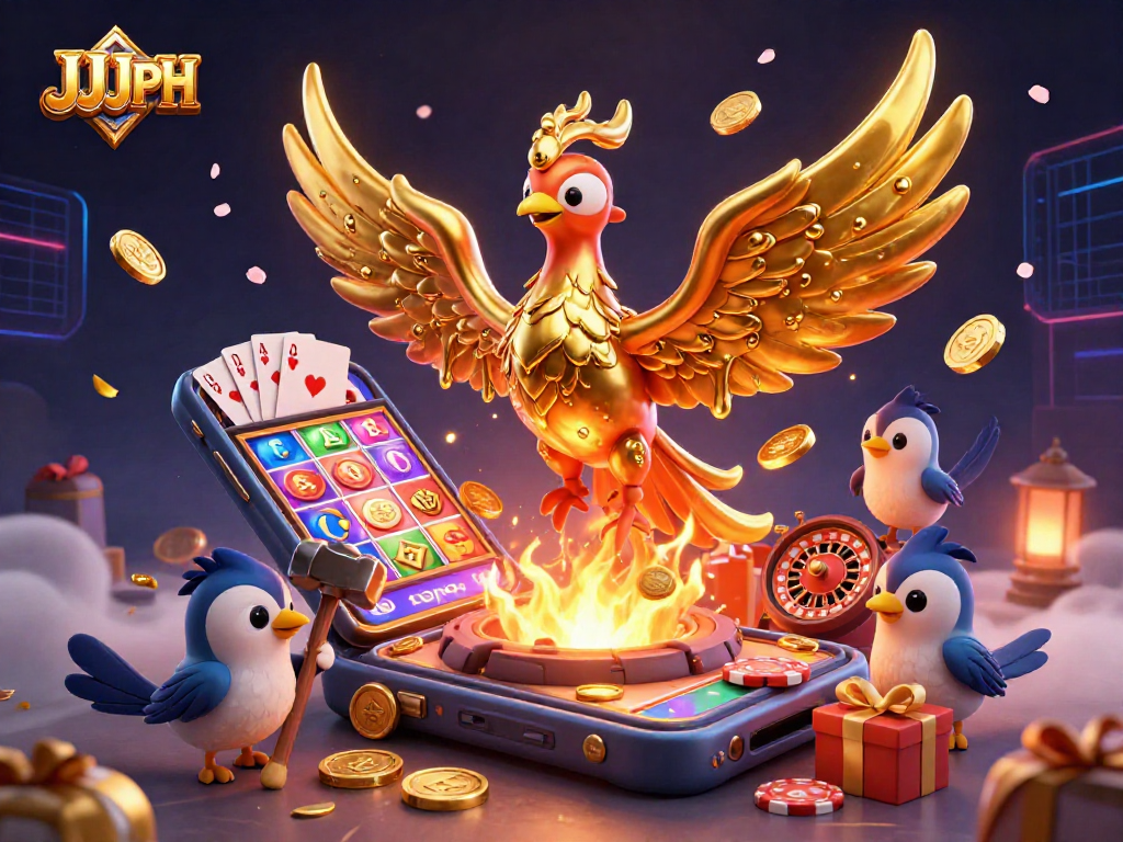 Experience JJJPH's vibrant casino world with a molten phoenix and dynamic game elements.