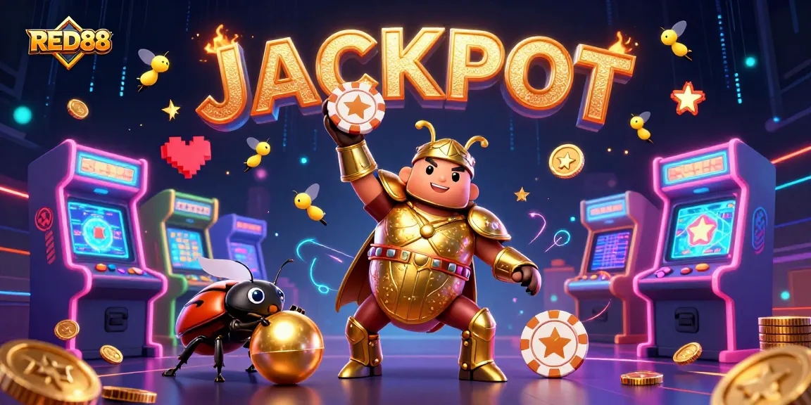 Experience the excitement of RED88 with a victorious beetle showcasing a poker chip amidst vibrant gaming elements.