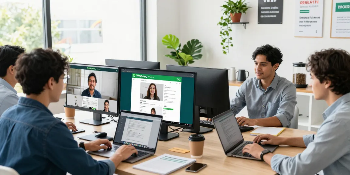 Collaborative team using WhatsApp網頁版 in a modern workspace for effective communication.